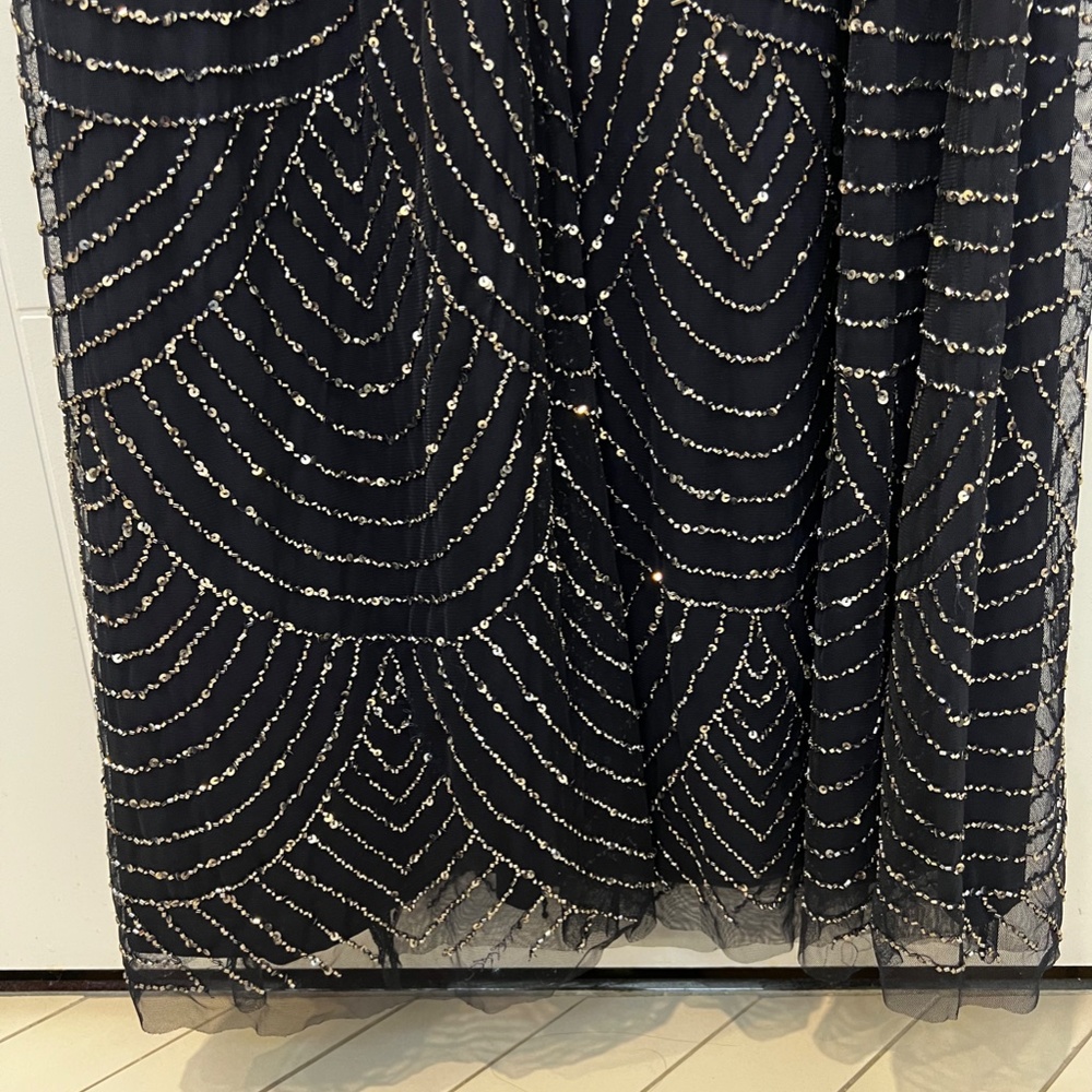 Adrianna Papell Art Deco Beaded Blouson Navy Full Length Formal Gown - Picture 12 of 14